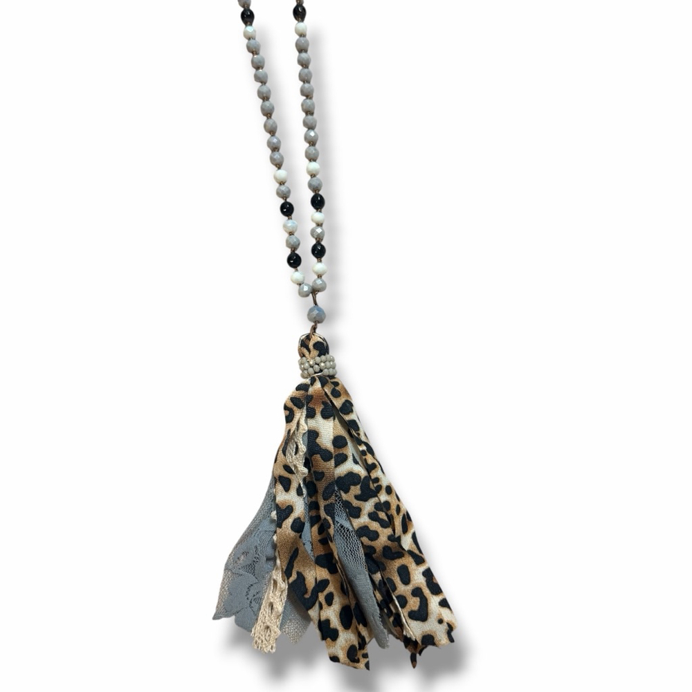 Long Beaded Tassel Necklace Leopard Fabric Pendant Gray Black Boho Statement